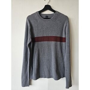 GAP Sweater Mens Large Gray Burgundy Stripe Crewneck Pullover Cotton Casual Knit